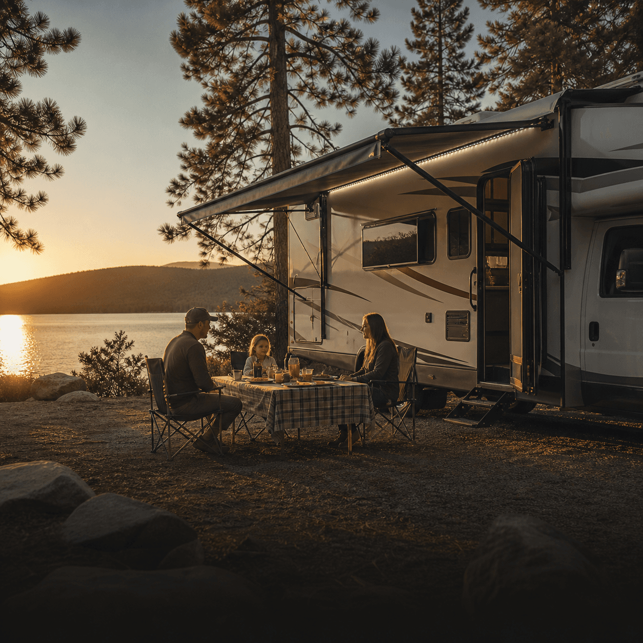 RV camper parked beside a lake at sunset
