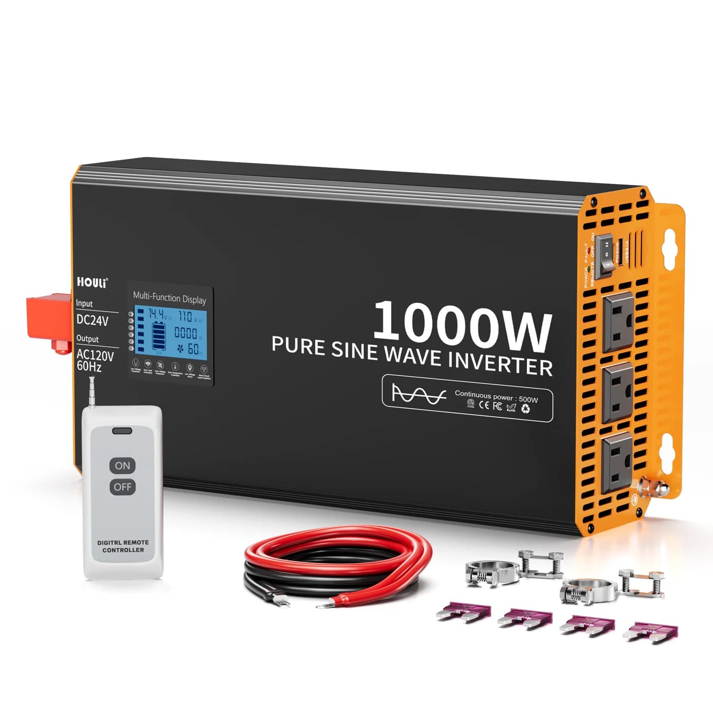 HOULI HLWR0005E pure sine wave inverter showing 24V DC to 120V AC / 60Hz, rated 500W continuous and 1000W peak