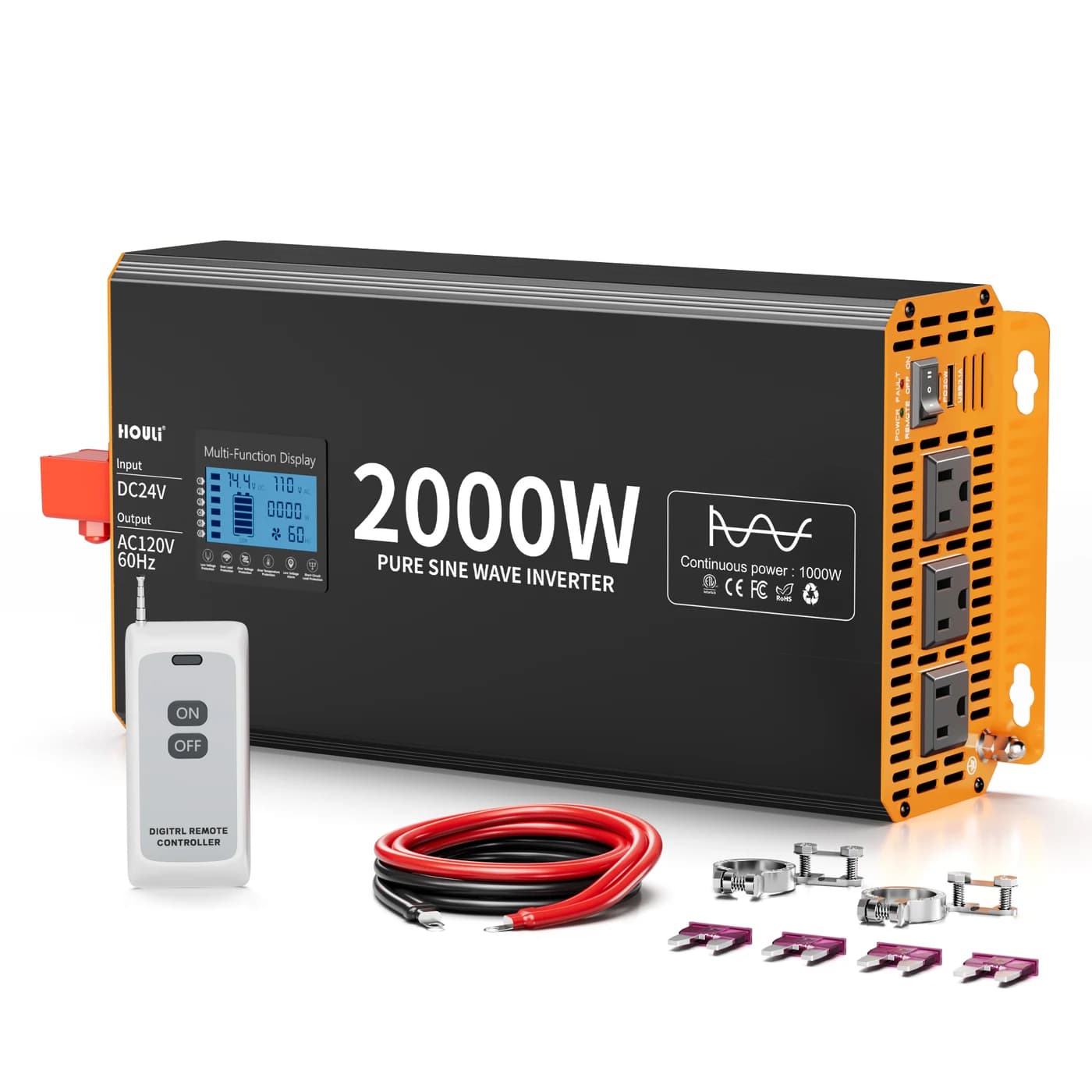 HOULI HLWR0010E pure sine wave inverter showing 24V DC to 120V AC / 60Hz, rated 1000W continuous and 2000W peak