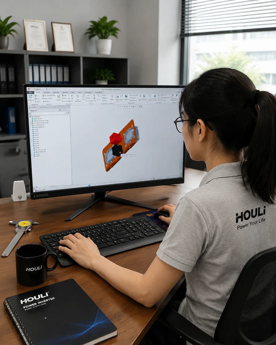 HOULI team member reviewing an inverter housing design