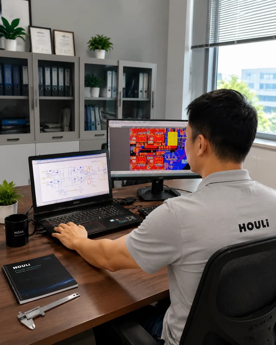 HOULI team member reviewing an inverter product design at a workstation