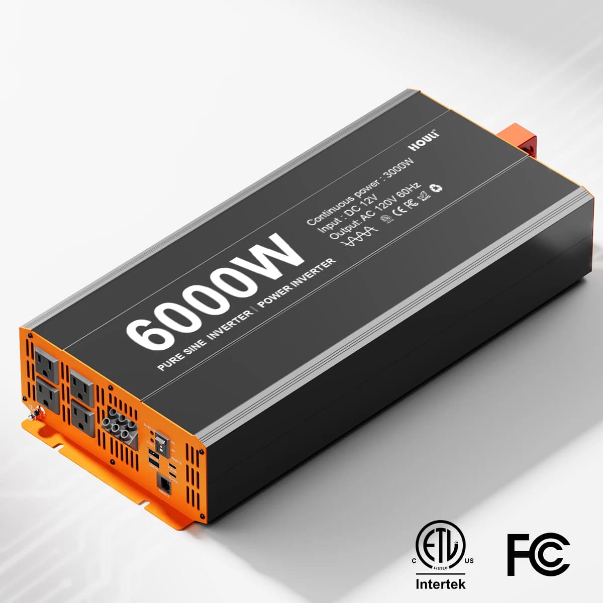 HOULI HLWR0030E pure sine wave inverter showing 12V DC to 120V AC / 60Hz, rated 3000W continuous and 6000W peak
