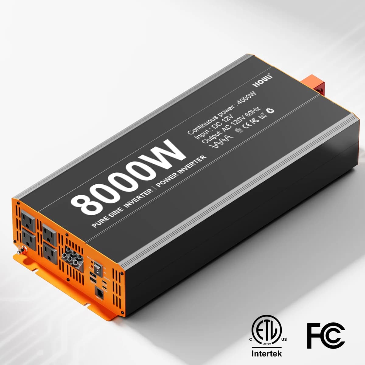 HOULI HLWR0040E pure sine wave inverter showing 12V DC to 120V AC / 60Hz, rated 4000W continuous and 8000W peak